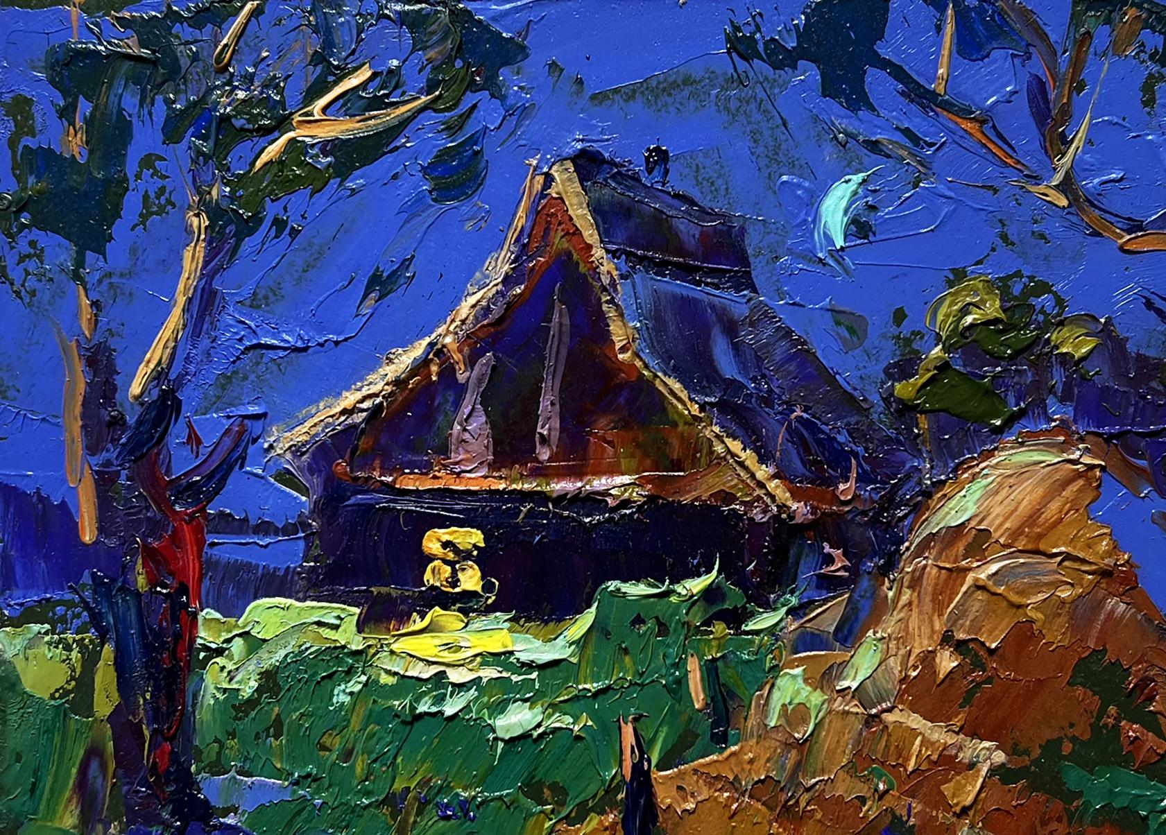 Oil painting of cozy moonlit night by Oleksiy Ivanyuk with glowing lantern