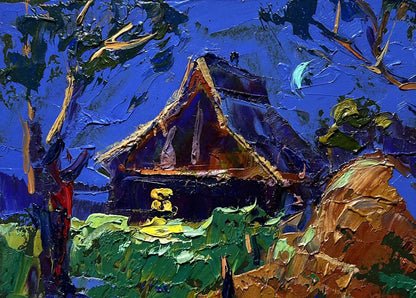 Oil painting of cozy moonlit night by Oleksiy Ivanyuk with glowing lantern