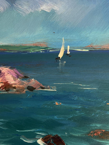 Oil painting of sailboats and sea lighthouse by Yuriy Suprunchuk
