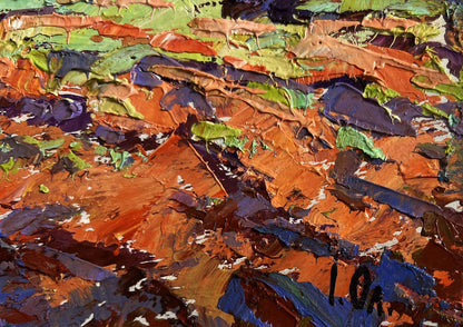Oil painting Autumn evening meadows by Oleksiy Ivanyuk, vibrant impasto abstract