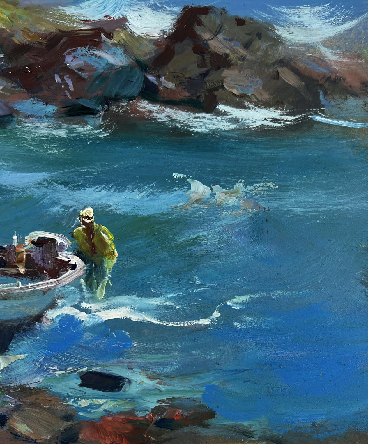 Painterly yellow raincoat figure by white boat, swimmer in turbulent sea, Yuriy Suprunchuk oil painting