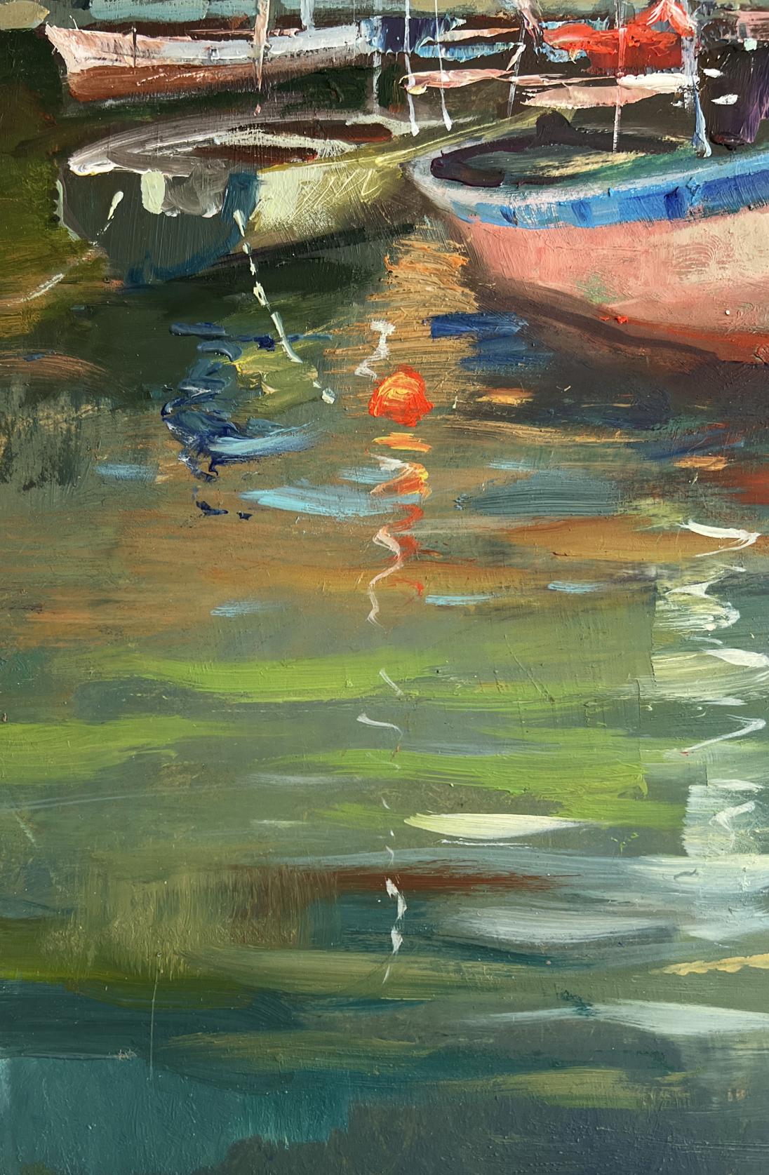 Oil painting of Venice port boats at sunset by Yuriy Suprunchuk
