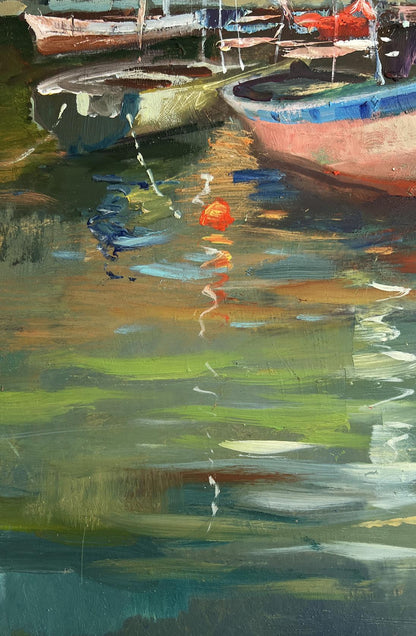 Oil painting of Venice port boats at sunset by Yuriy Suprunchuk