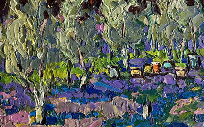 A vibrant impressionist painting featuring thick, textured brushstrokes of green, purple, and blue depicting a lush forest scene with trees and foliage.