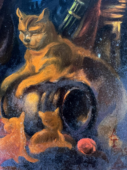 Oil painting of serene orange cat and kittens on dark object by Alexander Litvinov