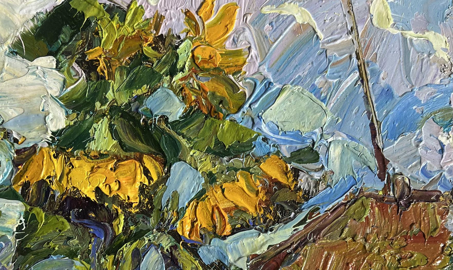 Vibrant oil painting Sunflowers near the house by Oksana Ivanyuk