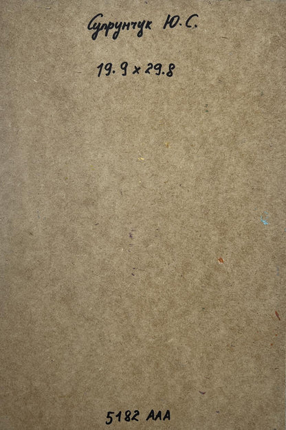 Back of Yuriy Suprunchuk oil painting with Cyrillic text and measurements on brown cardboard