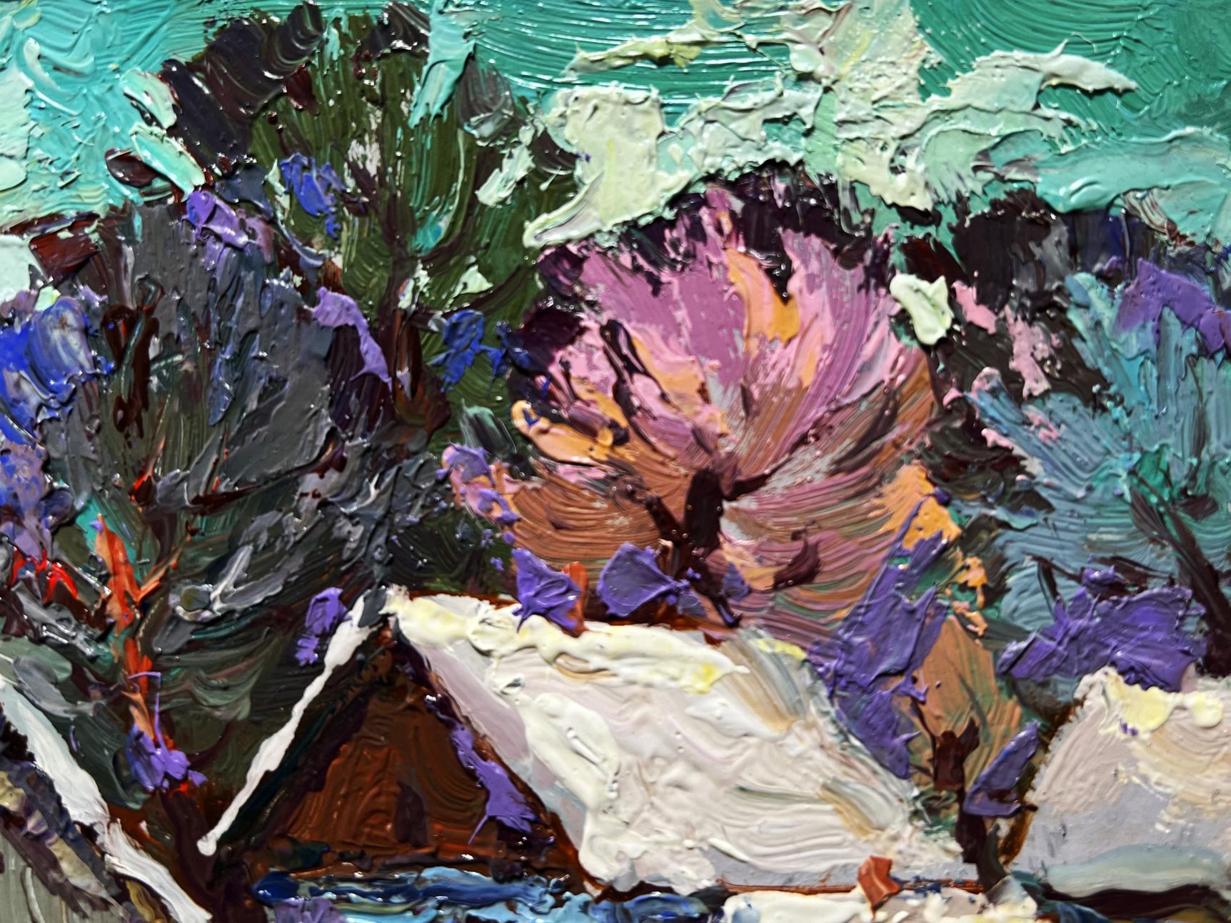 Oil painting The yard is covered in snow by Oksana Ivanyuk with pink flower