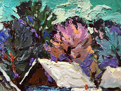 Oil painting The yard is covered in snow by Oksana Ivanyuk with pink flower