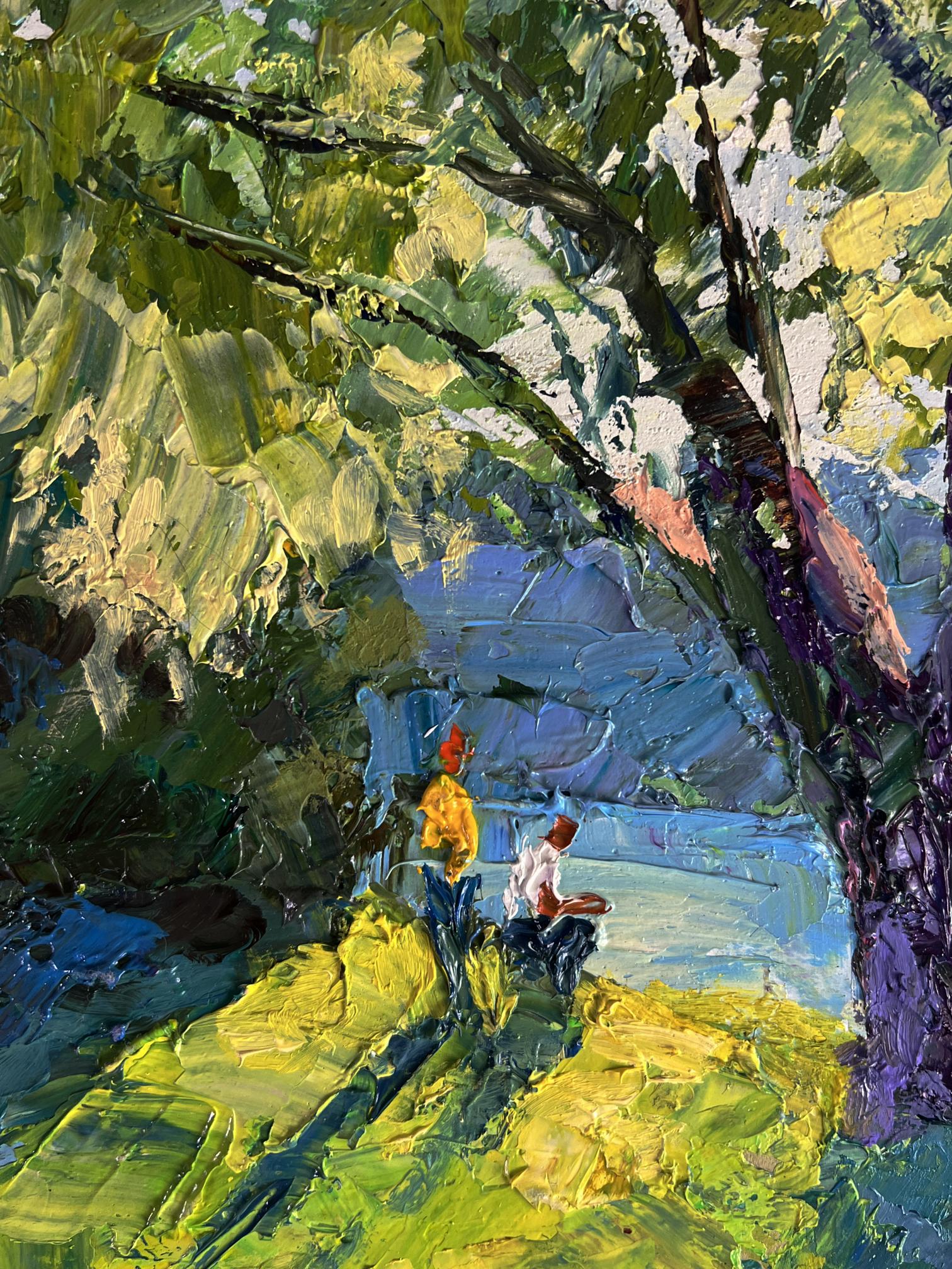 Oil painting Relaxing on the river by Boris Serdyuk with lush trees