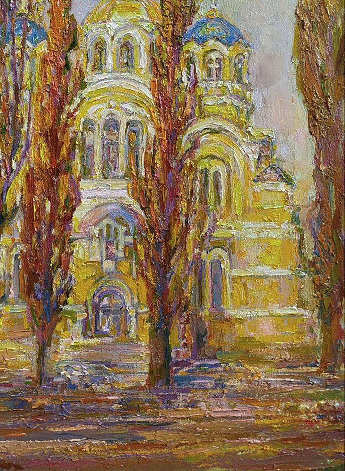 Vibrant oil painting Warm autumn near the cathedral by Leonid Pavlenko