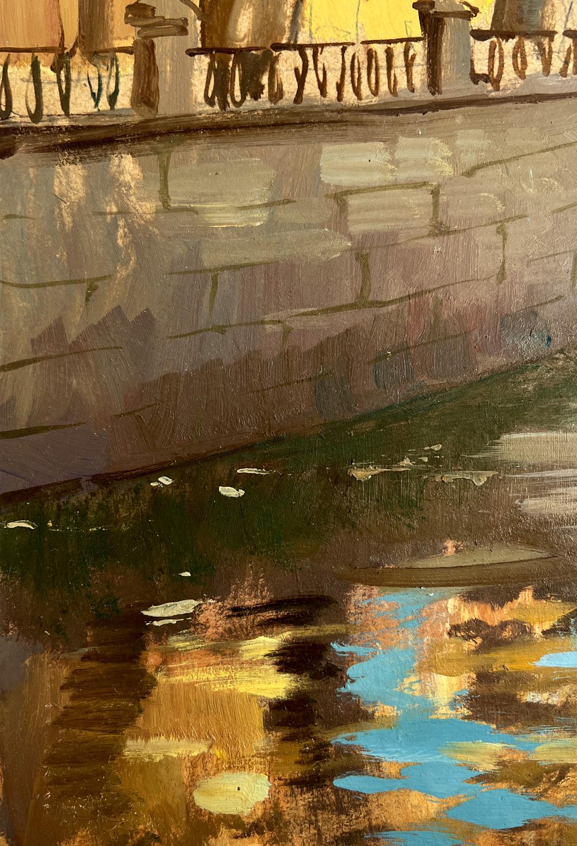 Oil painting of textured stone wall on autumn bridge by Yuriy Suprunchuk