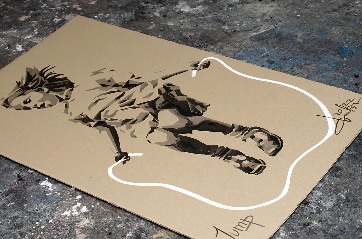 Stencil-cut girl jumping rope by Dima Filatov on cardboard