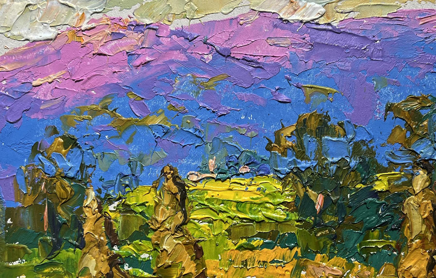 Vibrant impressionist oil painting of haystack and mountains by Oleksiy Ivanyuk