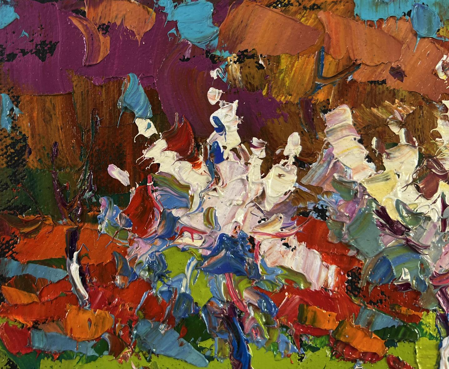 Vibrant Oksana Ivanyuk oil painting of flowering garden trees in bold hues