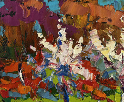 Vibrant Oksana Ivanyuk oil painting of flowering garden trees in bold hues