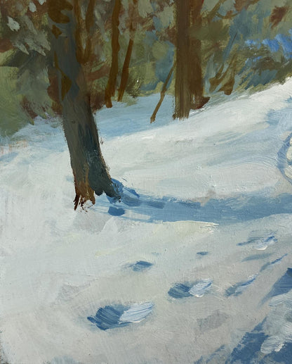 Oil painting by Yuriy Suprunchuk: snowy forest path with footprints