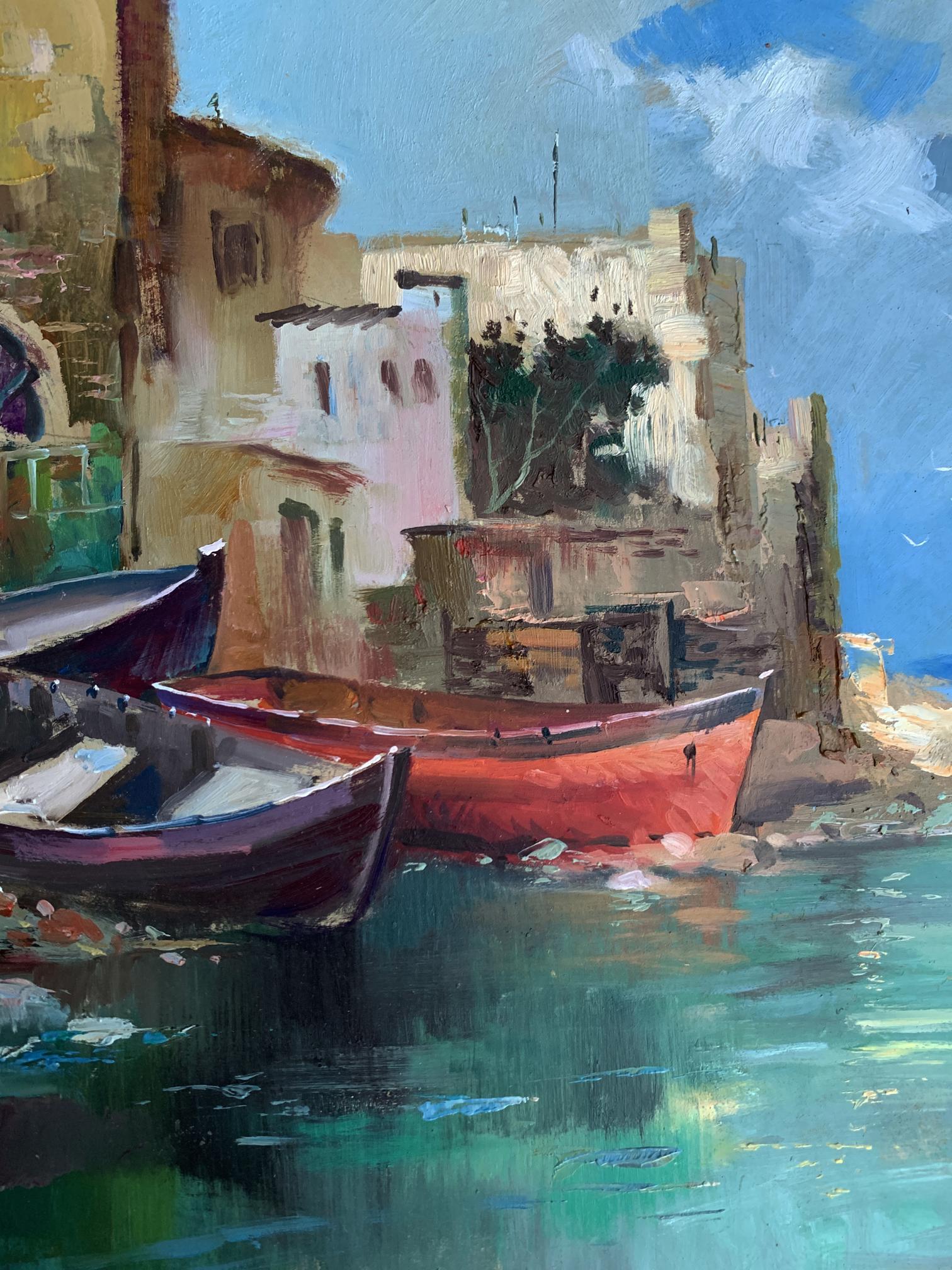 Vibrant red rowboat in turquoise water by stone quay, Yuriy Suprunchuk oil painting