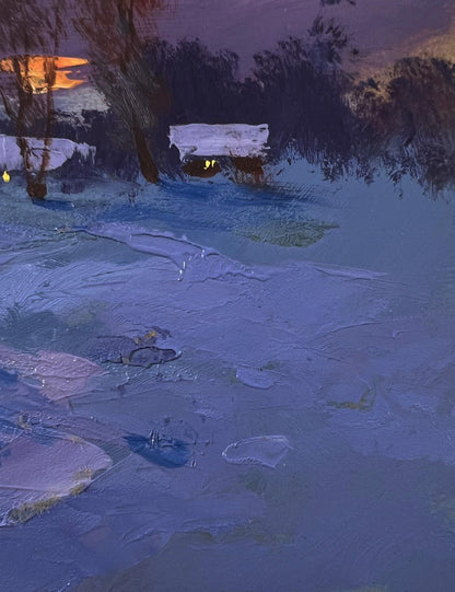 Oil painting Winter sunset by Yuriy Suprunchuk: twilight landscape