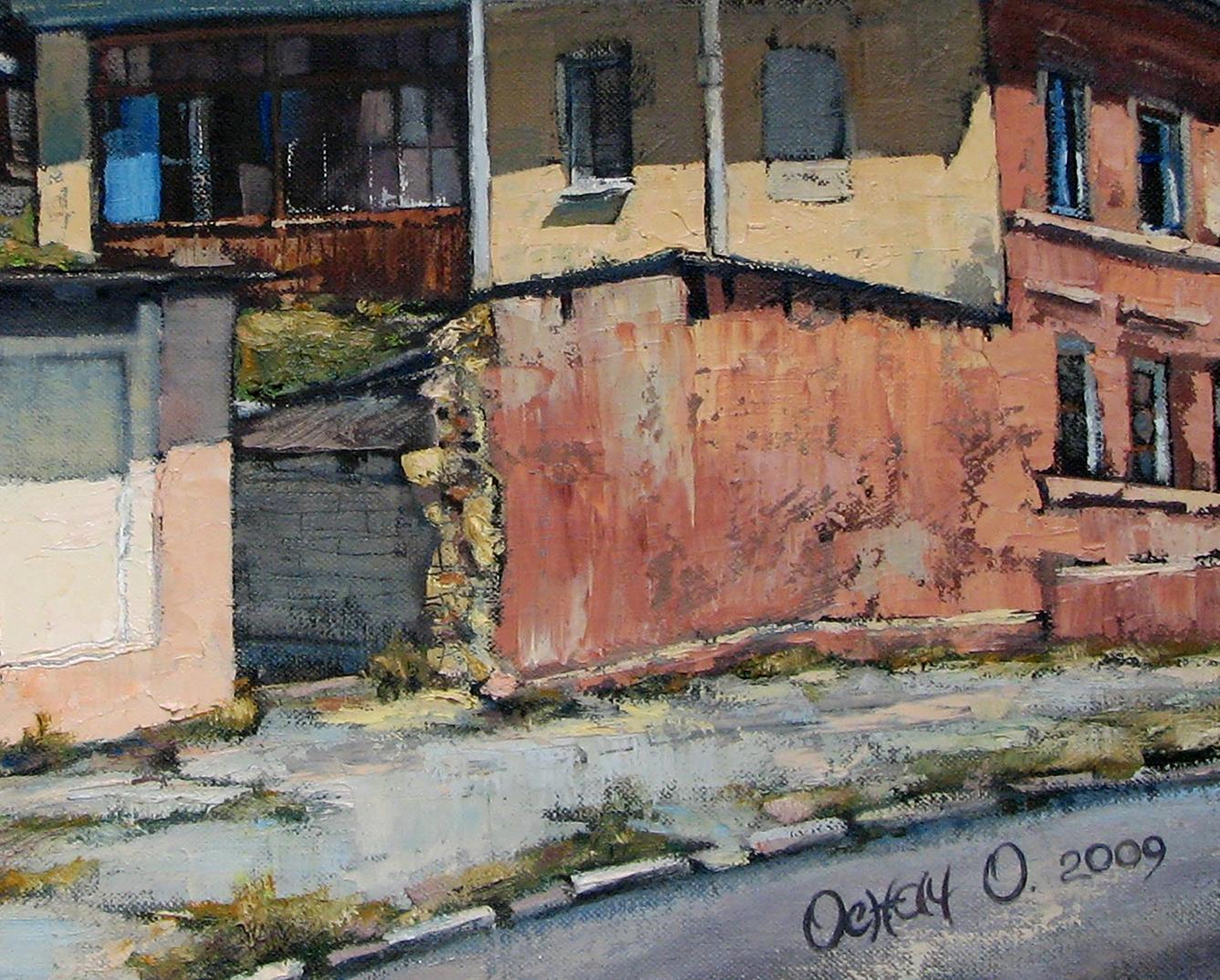 Oil painting Quiet streets of the city Oksana Osnach textured red-orange wall