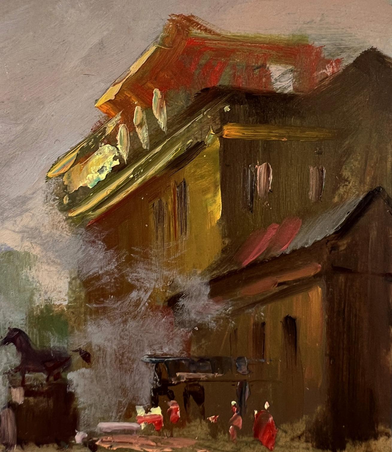 Oil painting of busy city streets with Asian building by Yuriy Suprunchuk