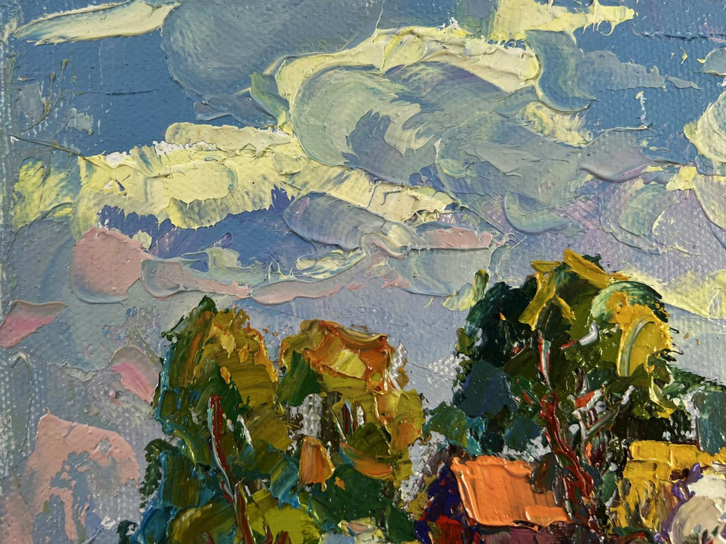 Impasto oil painting by Oksana Ivanyuk: clouds drifting in blue sky over vibrant foliage