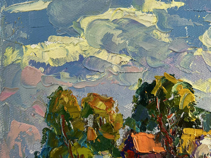 Impasto oil painting by Oksana Ivanyuk: clouds drifting in blue sky over vibrant foliage