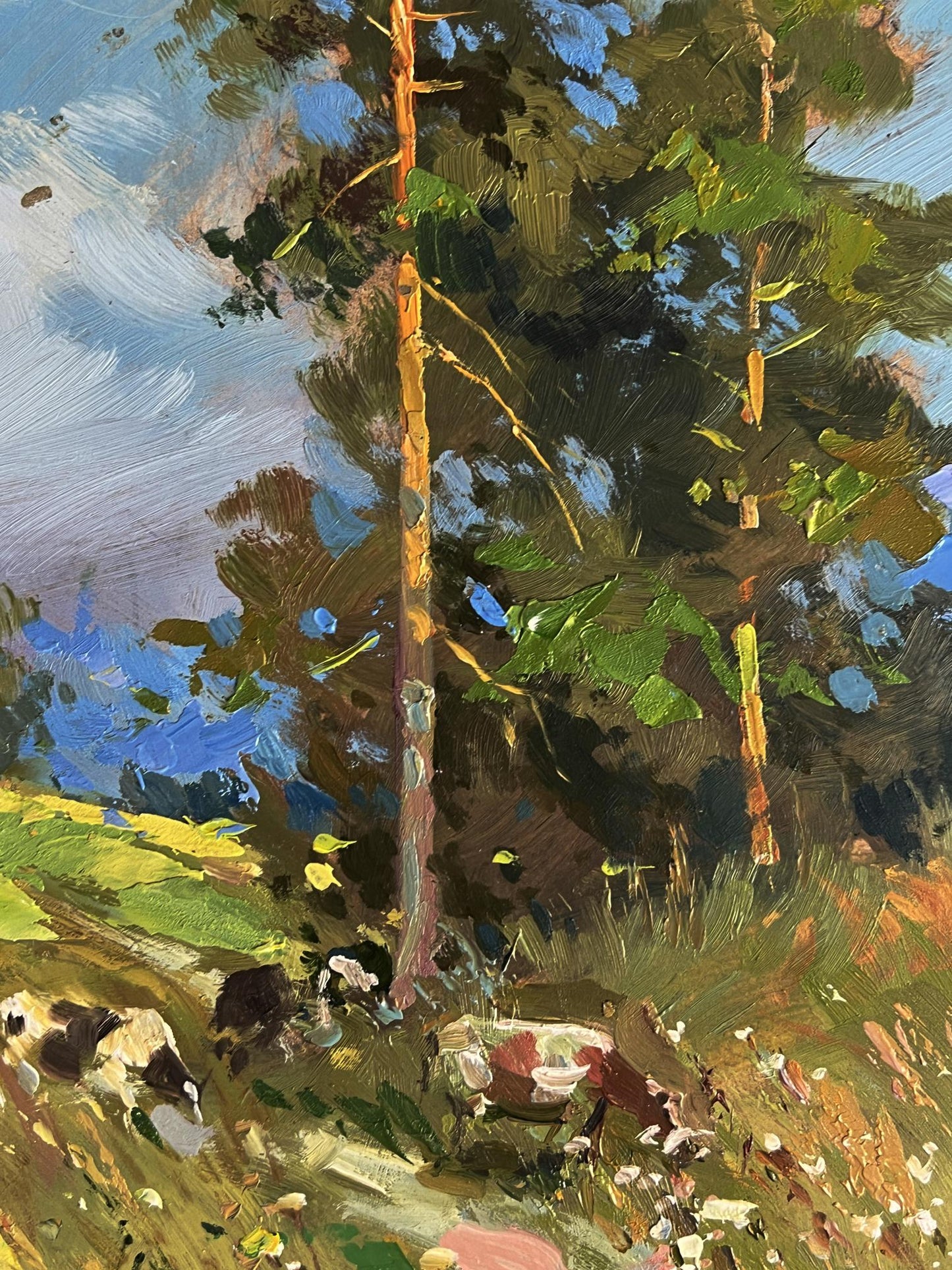 Vibrant impressionist oil painting of pine trees by Yuriy Suprunchuk
