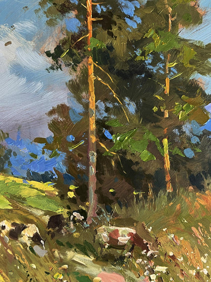 Vibrant impressionist oil painting of pine trees by Yuriy Suprunchuk