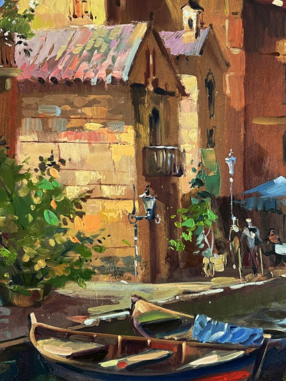 Oil painting of rustic rowboat by stone building in Venice streets by Yuriy Suprunchuk