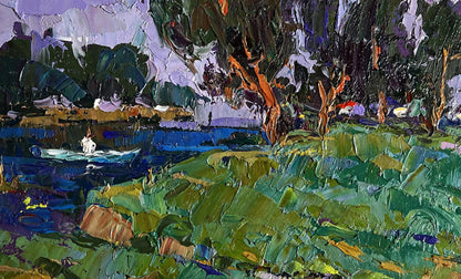 Vibrant impressionist oil painting Swam to the shore by Oksana Ivanyuk with boat on river