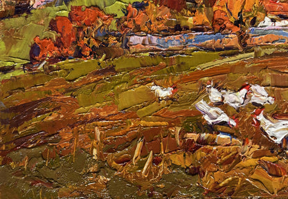 Oil painting Autumn evening by Oksana Ivanyuk with vibrant horses