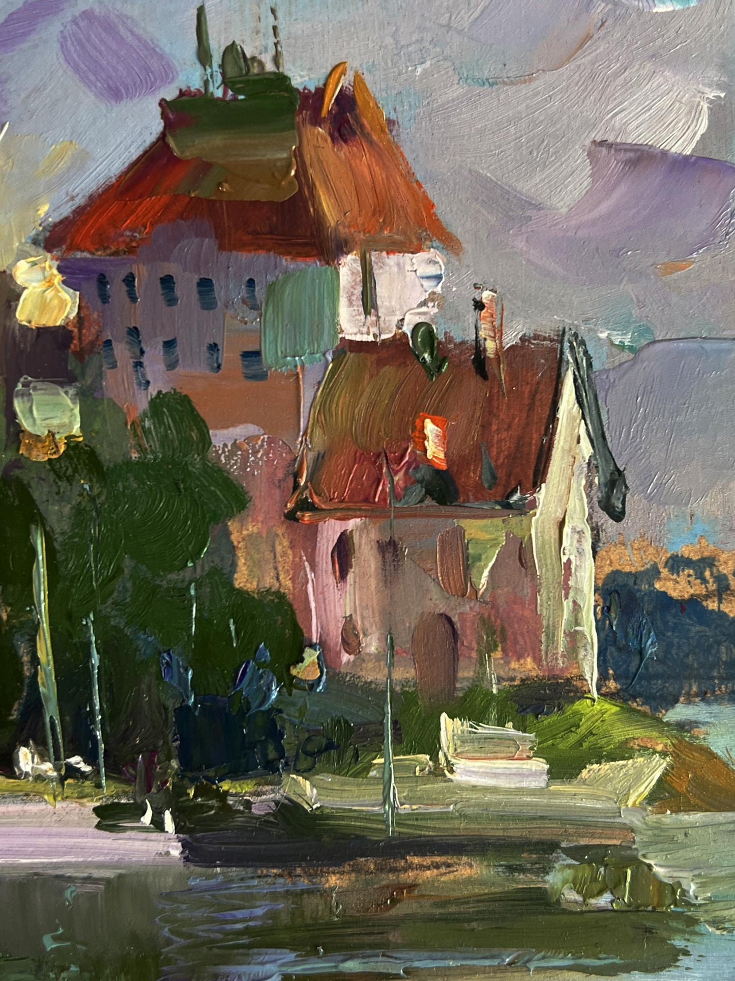 Oil painting of houses by the river by Yuriy Suprunchuk