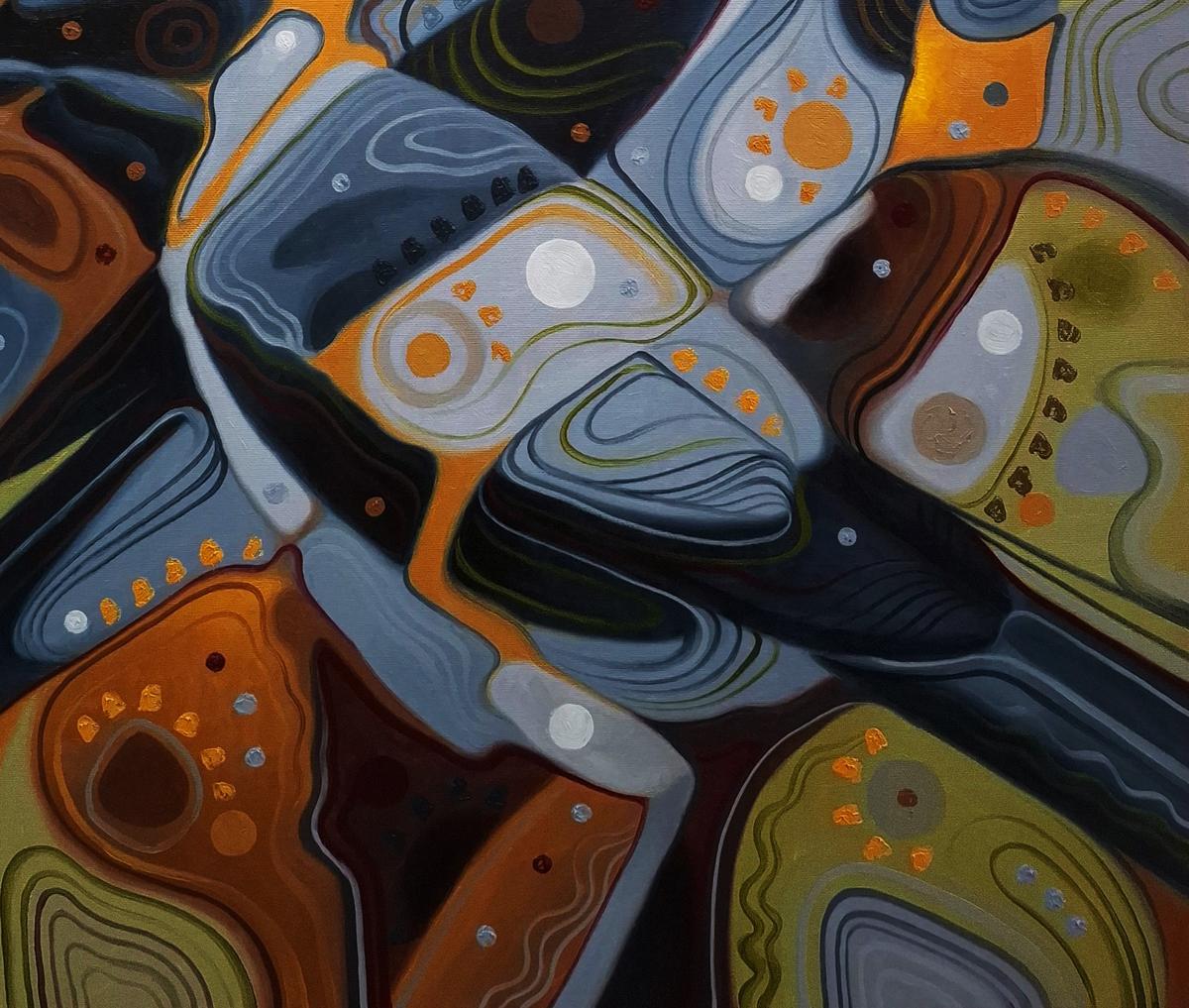Abstract oil painting by Sergiy Voichenko with gray crow patterns