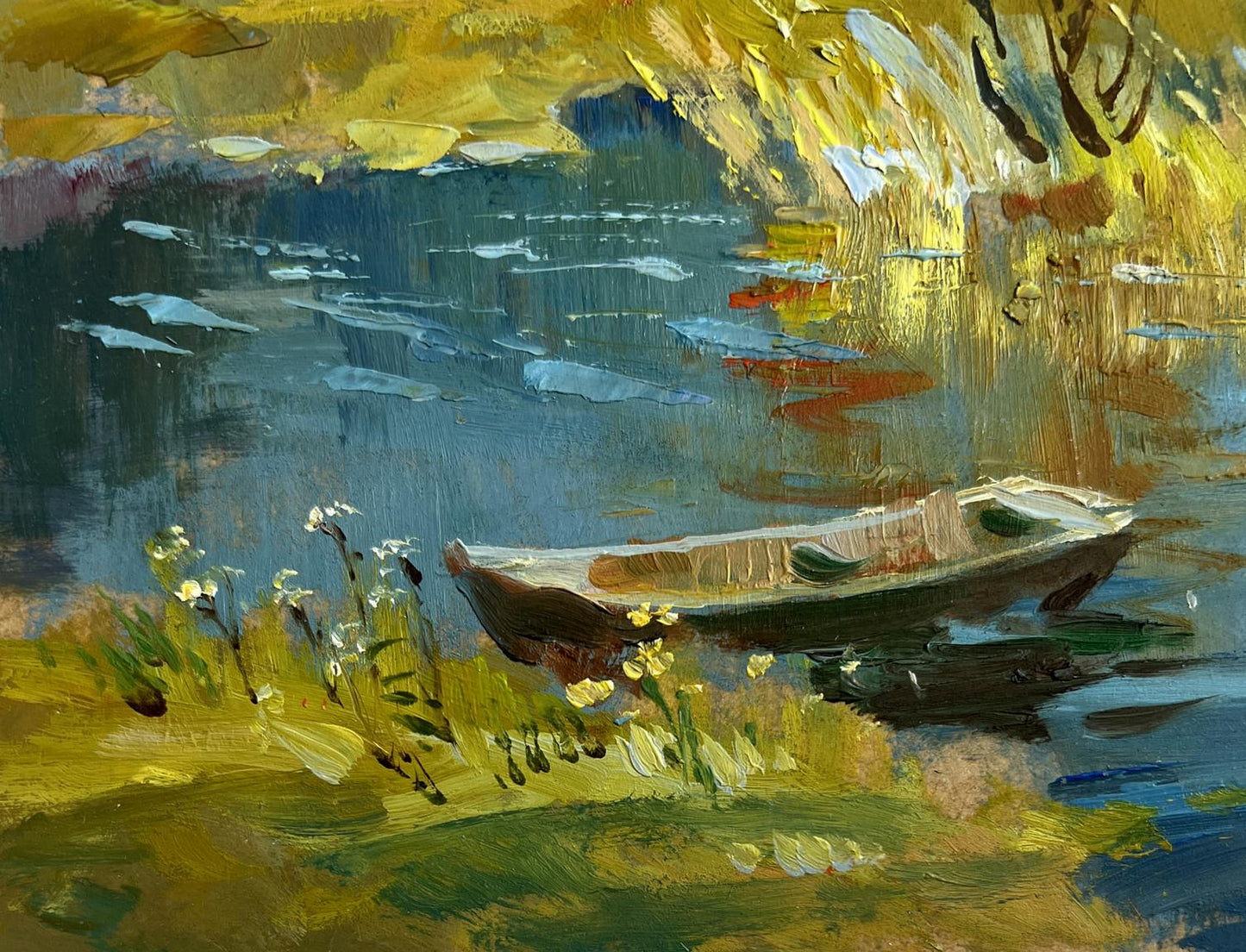 Oil painting of small wooden rowboat on calm river in golden foliage by Yuriy Suprunchuk