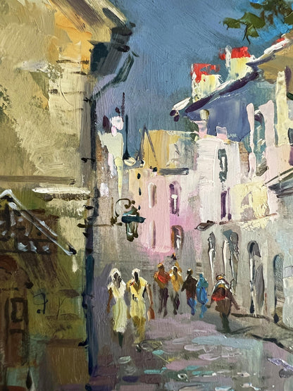Vibrant impressionist oil painting of sunlit European street by Yuriy Suprunchuk