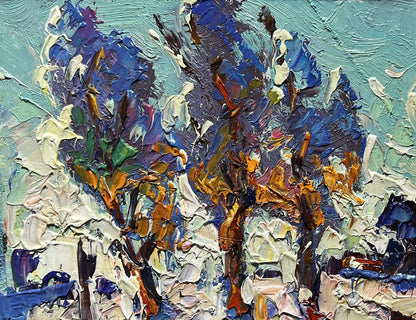 Vibrant impressionist oil painting Young poplars in the field by Oksana Ivanyuk