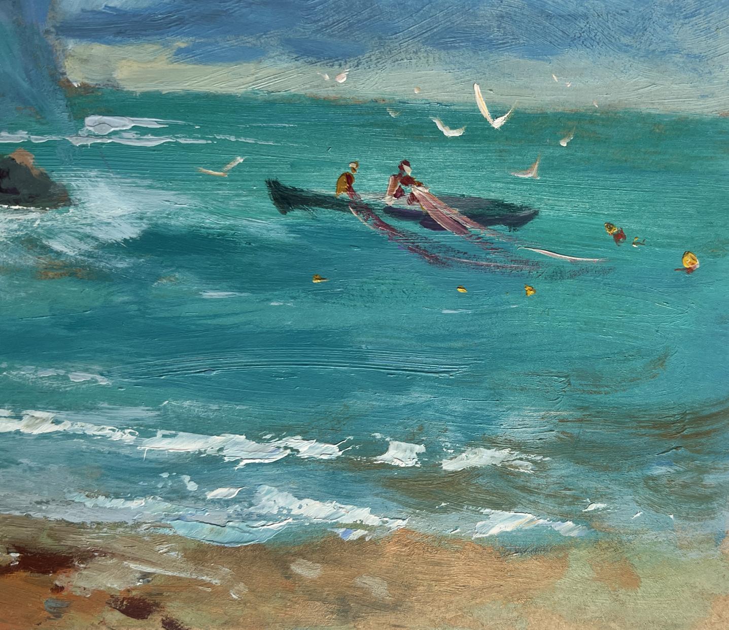 Oil painting of rowboat sailing to shore on turquoise waves by Yuriy Suprunchuk