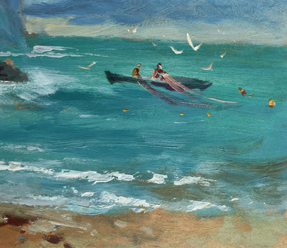 Oil painting of rowboat sailing to shore on turquoise waves by Yuriy Suprunchuk