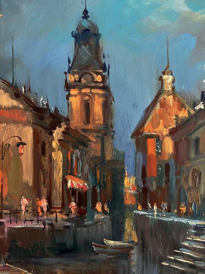 Warm-toned oil painting by Yuriy Suprunchuk of European town square with clock tower and canal boats