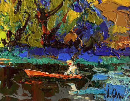 Vibrant impressionist oil painting of orange rowboat on lake by Oleksiy Ivanyuk
