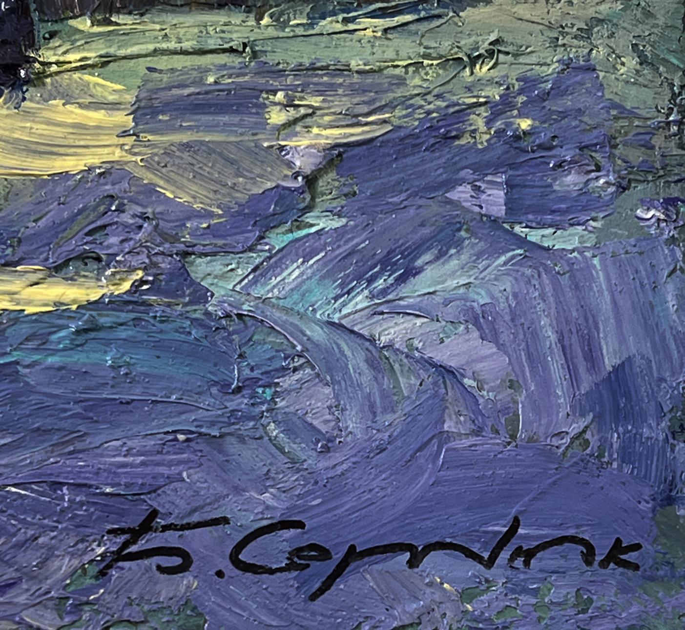 Oil painting Winter night in the village by Boris Serdyuk impasto purples blues greens