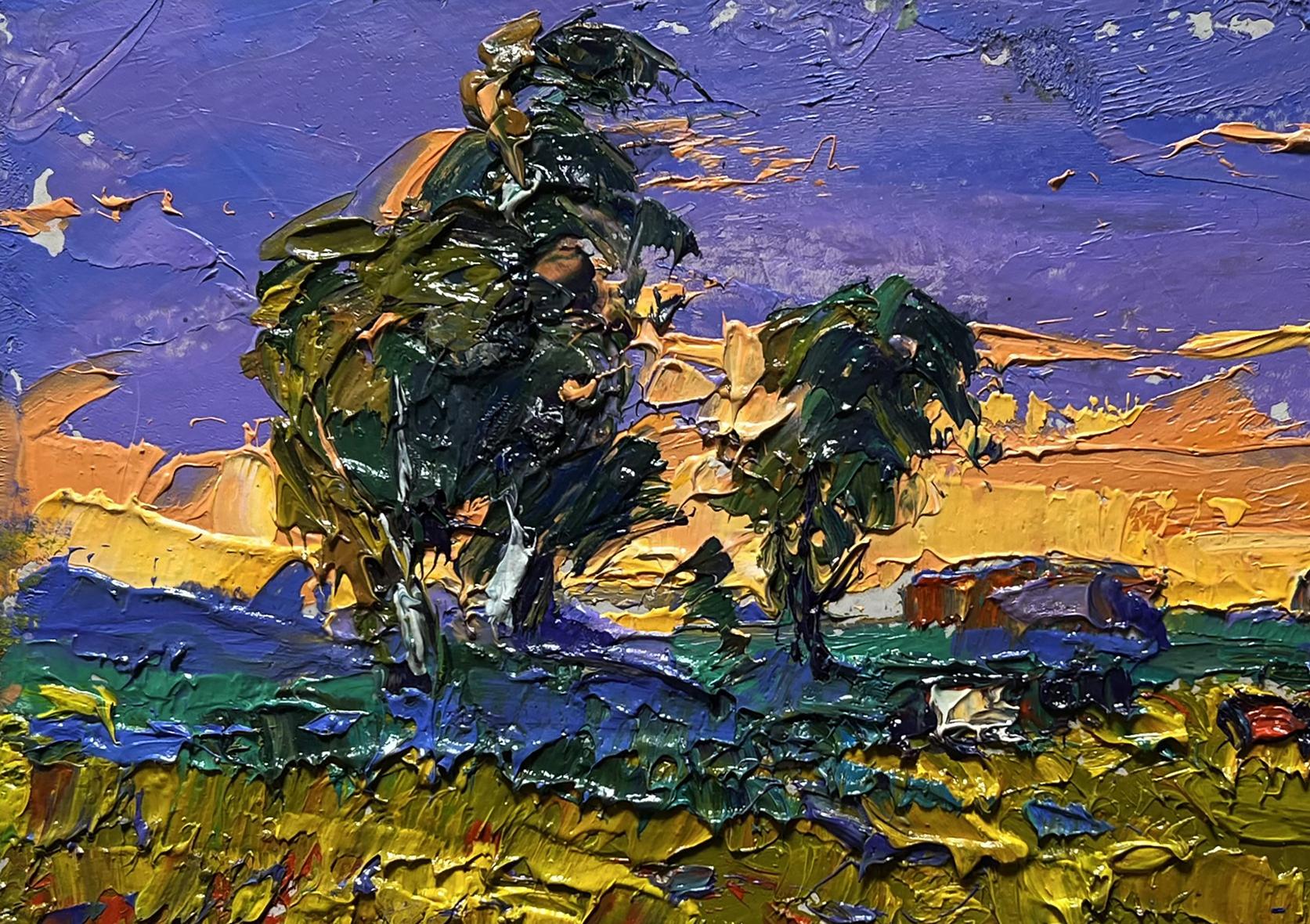 Vibrant impressionist oil painting of green trees and yellow sunset by Oleksiy Ivanyuk