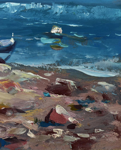 Oil painting of sea waves crashing against sharp shores by Yuriy Suprunchuk