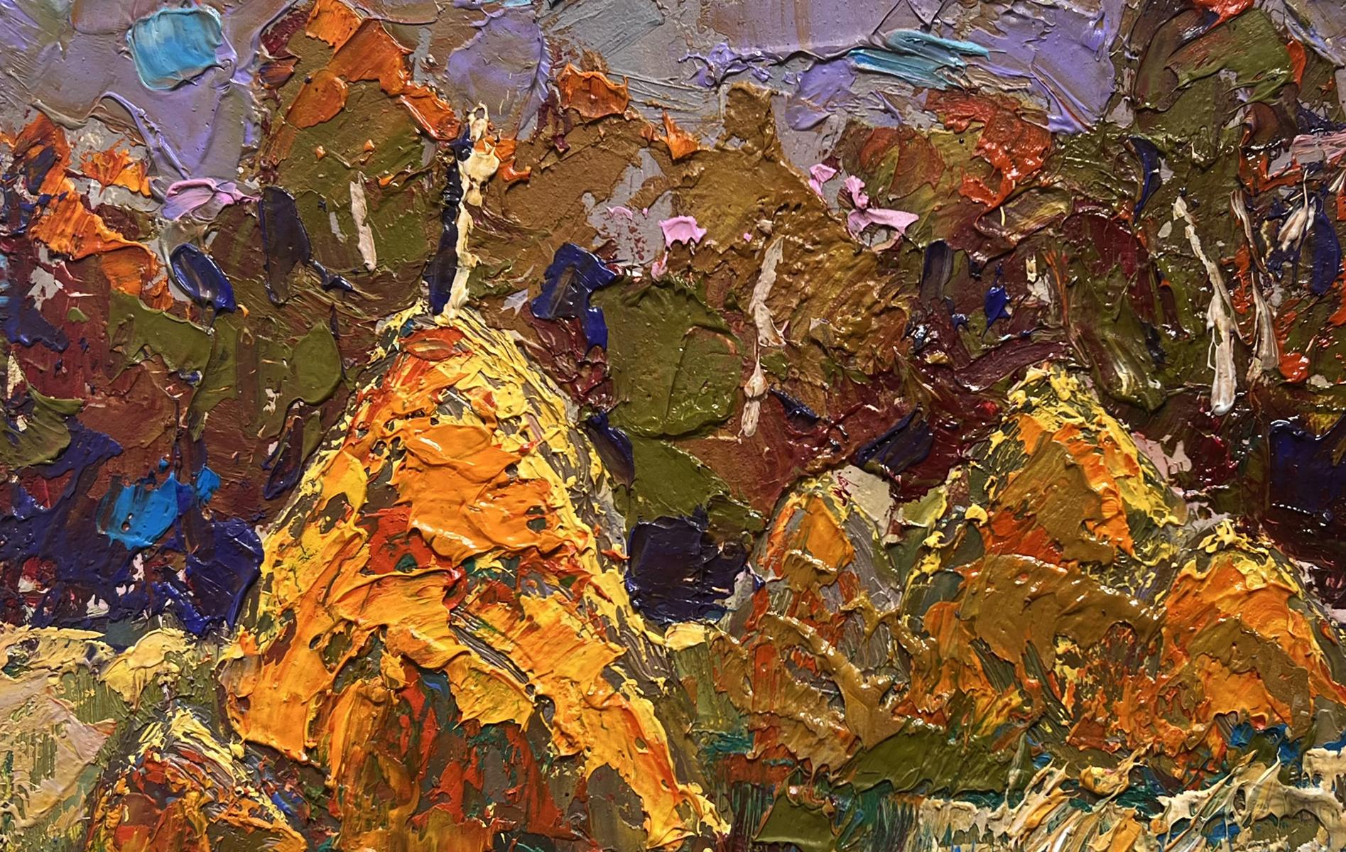 Vibrant oil painting Haystacks in the field by Oleksiy Ivanyuk