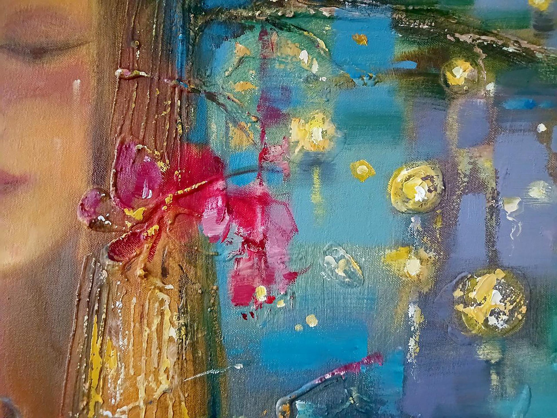 Abstract oil painting Kupala night by Anatoly Tarabanov with red flowers