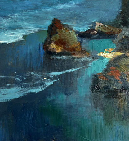 Oil painting Sunlight through the clouds by Yuriy Suprunchuk, rugged coastal rocks and sea