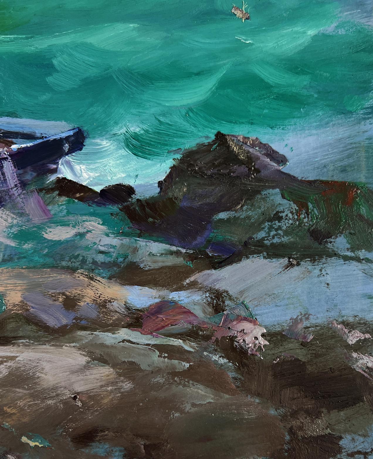 Oil painting of fishermen at sea with turquoise waves on rocks by Yuriy Suprunchuk