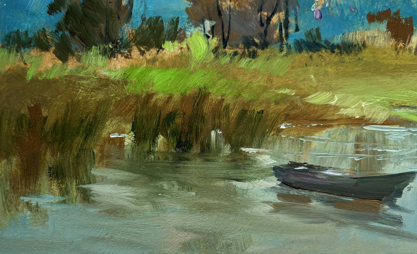 Oil painting of lonely boat among reeds by Yuriy Suprunchuk