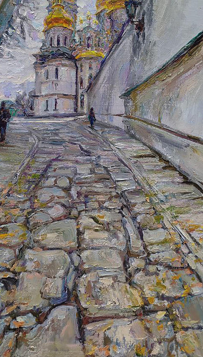 Oil painting The road to the cathedral by Leonid Pavlenko textured cobblestone path to ornate church